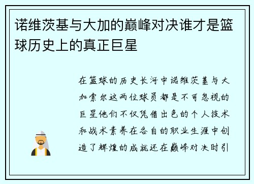 诺维茨基与大加的巅峰对决谁才是篮球历史上的真正巨星
